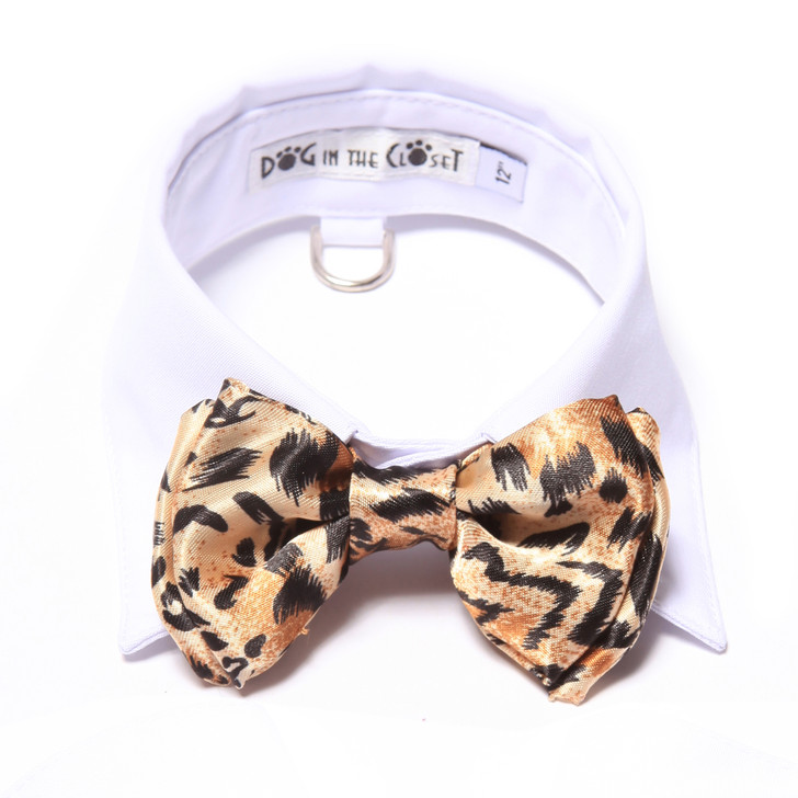 White shirt collar with leopard bow tie.