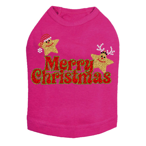 Merry Christmas Glitter Stars - Fuchsia Dog Tank