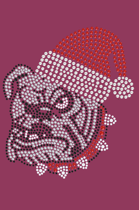 Bulldog Face (White) with Santa Hat - Burgundy Bandana