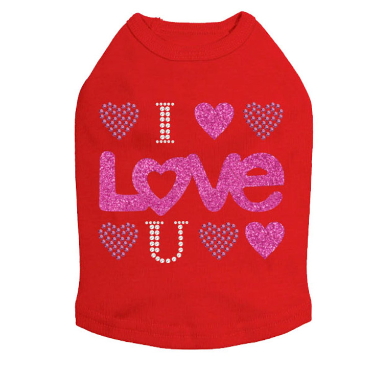 I Love You Pink Glitter rhinestone dog tank for large and small dogs.