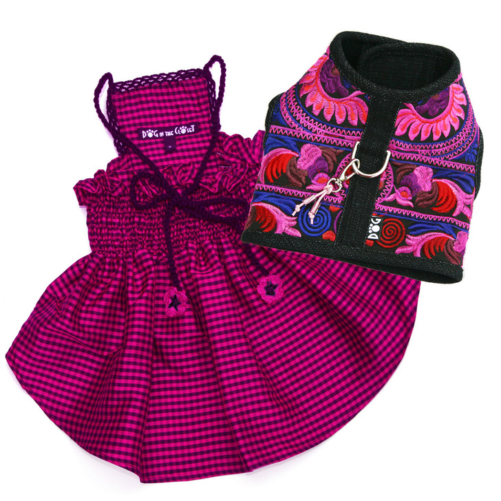 The Lanna Collection - Fuchsia Checked Silk Dress with Crochet Trim