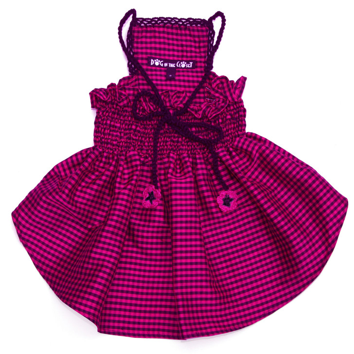 The Lanna Collection - Fuchsia Checked Silk Dress with Crochet Trim