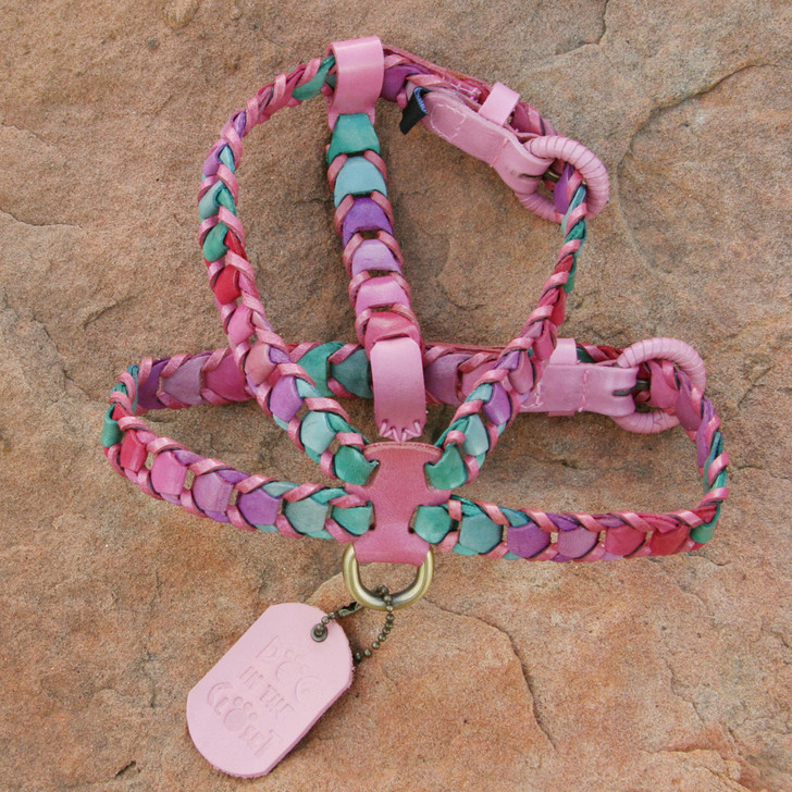 Multicolor Pink Leather Dog Harness is made with shades of pink, purple, and green trimmed in light pink leather.  Attachments may be purchased separately.  Our leather collars, harnesses, and leashes were selected to receive the 2015 Editors' Choice Award from Pet Product News International.