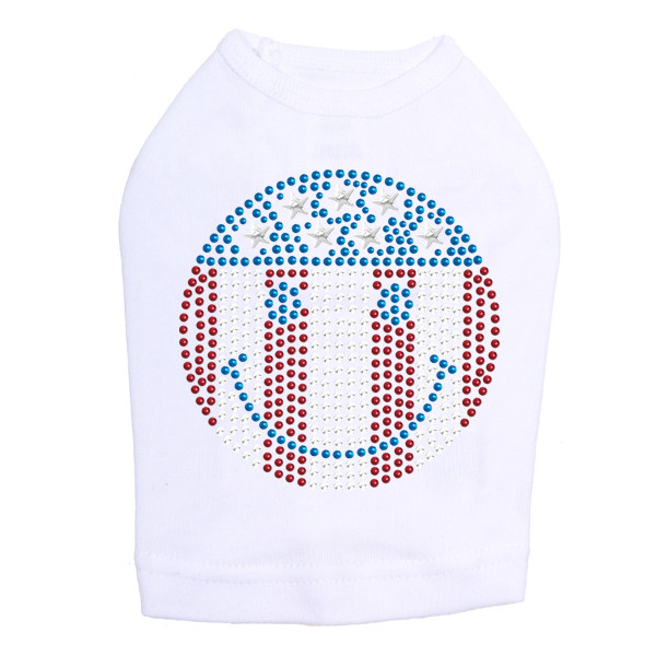Happy Face Red, White, & Blue rhinestone dog tank for large and small dogs.
