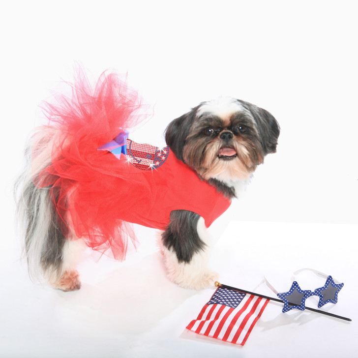 Happy Face Red, White, & Blue rhinestone dog tutu for large and small dogs.