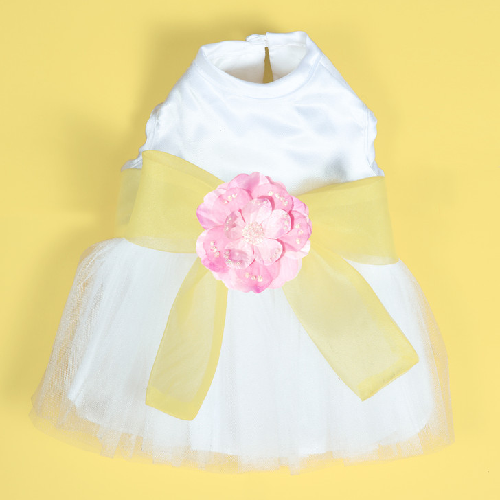 The Madeleine Harness Dog Dress with Yellow Sash