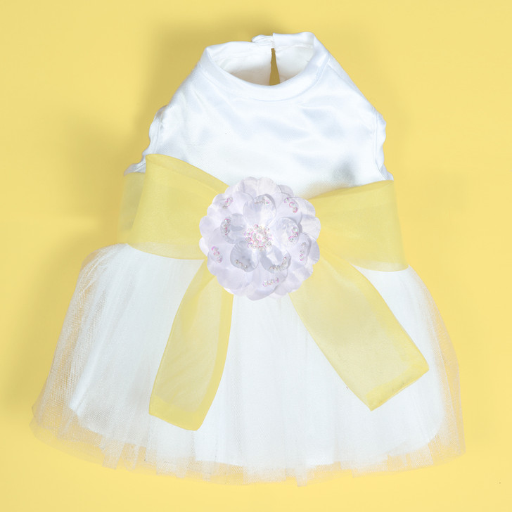 The Madeleine Harness Dog Dress with Yellow Sash