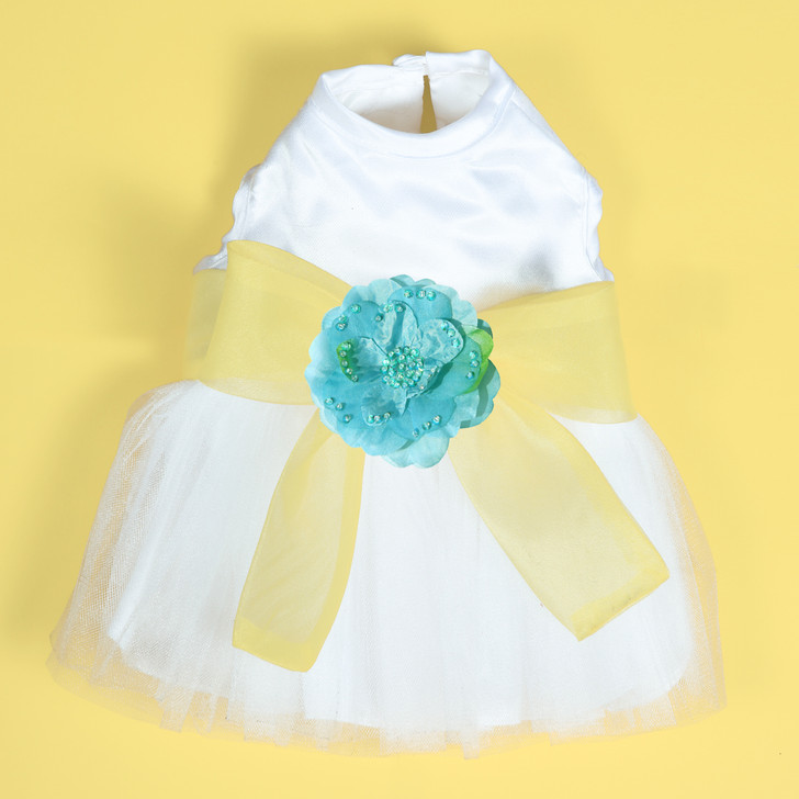 The Madeleine Harness Dog Dress with Yellow Sash