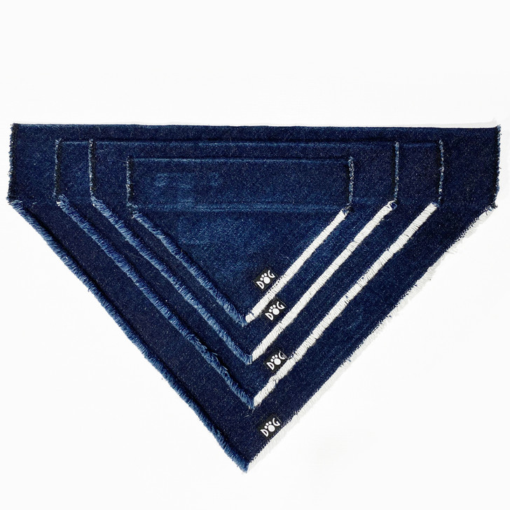 Denim Bandannas are available in 4 sizes and slip over our denim collars or collars you may already own.  Bandanas may be customized with our wide selection of Patches.  You may also add additional patches to the MD MC bandanas depending on the size.