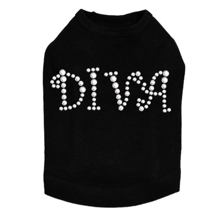 Diva - Silver Rhinestuds rhinestone dog tank for large and small dogs.
4" X 1.75" design with silver rhinestuds.