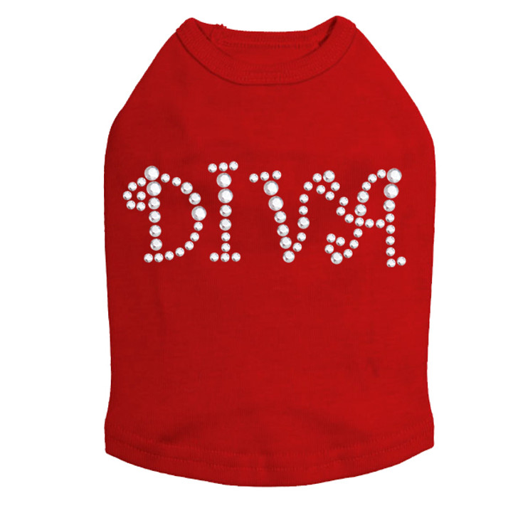 Diva - Silver Rhinestuds rhinestone dog tank for large and small dogs.
4" X 1.75" design with silver rhinestuds.