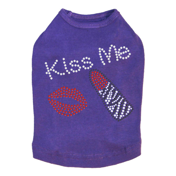 Kiss Me - Lips and Lipstick rhinestone dog tank for large and small dogs.
5.5" X 4.5" design with clear, white, red, & black rhinestones and nailheads.