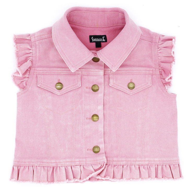 KID Pink Denim Jacket with Ruffles and Patches - Front