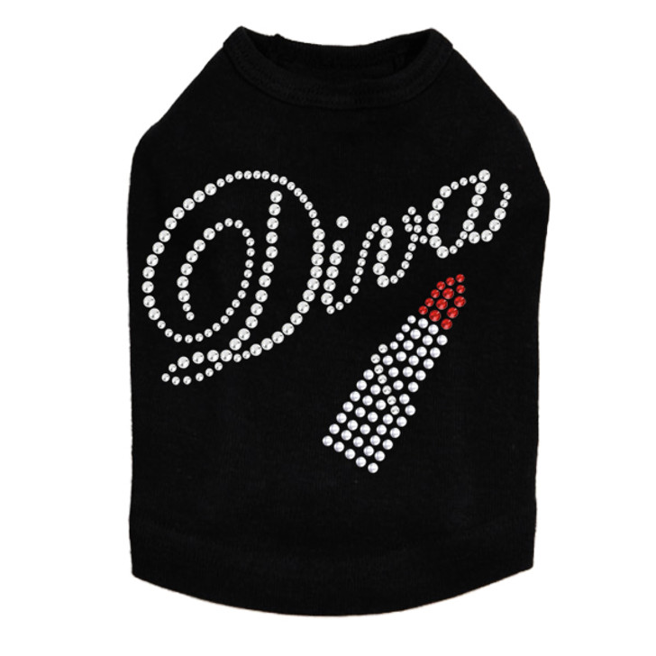 Diva with Austrian crystal Red Lipstick rhinestone dog tank for large and small dogs.
4" X 4" design with silvernailheads, clear rhinestones, & red Austrian crystal rhinestones.