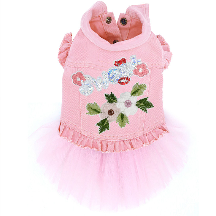 Pink Lace Flowers Denim Dog Jacket