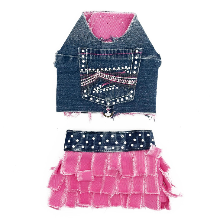 Vintage Pink Denim Fringe Skirt and Pink Pocket Harness Vest (sold separately)