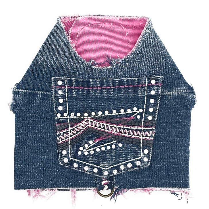Vintage Pink Pocket Denim Harness Vest | Luxury Reclaimed Denim Dog Clothing