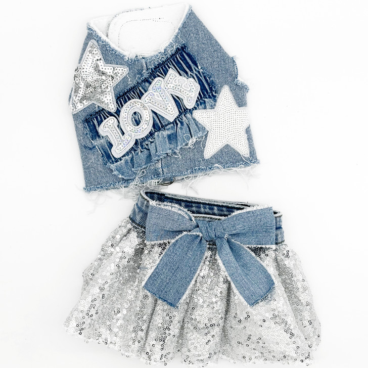Silver Sequin Skirt with Vintage Waistband with coordinating harness vest