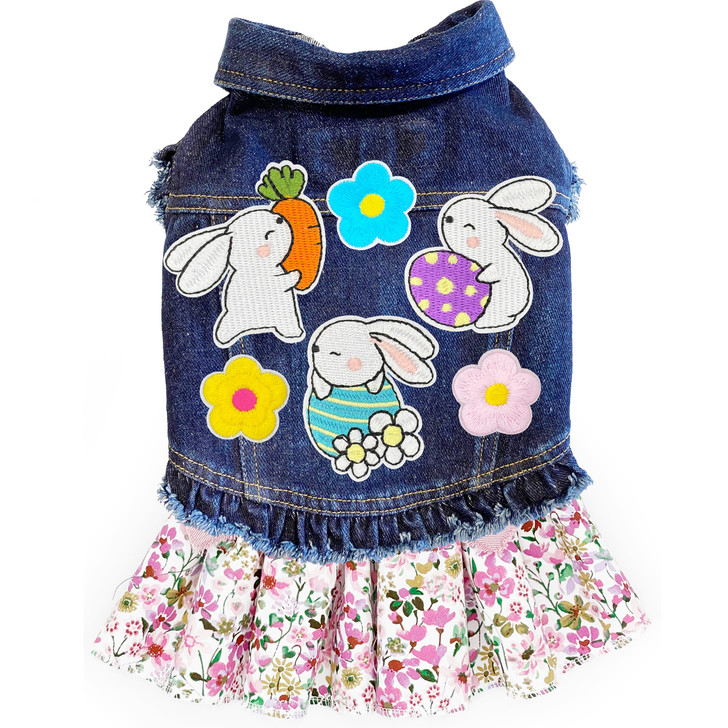 Cute Spring Bunnies Denim Dog Jacket with Vintage Floral Spring Skirt