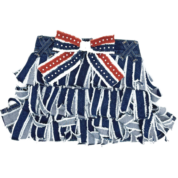 Blue Denim Fringe Dog Skirt with Patriotic Rhinestone Bow