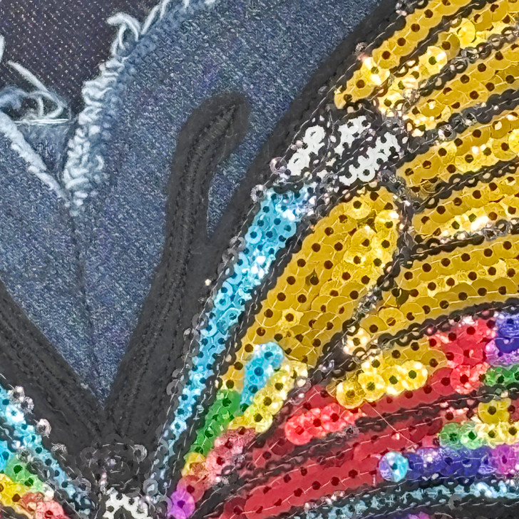 Sequin Butterfly Vintage Denim Harness Vest Closeup
