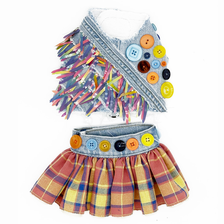 Fall Plaid Skirt with Denim Button Waistband & Harness Vest