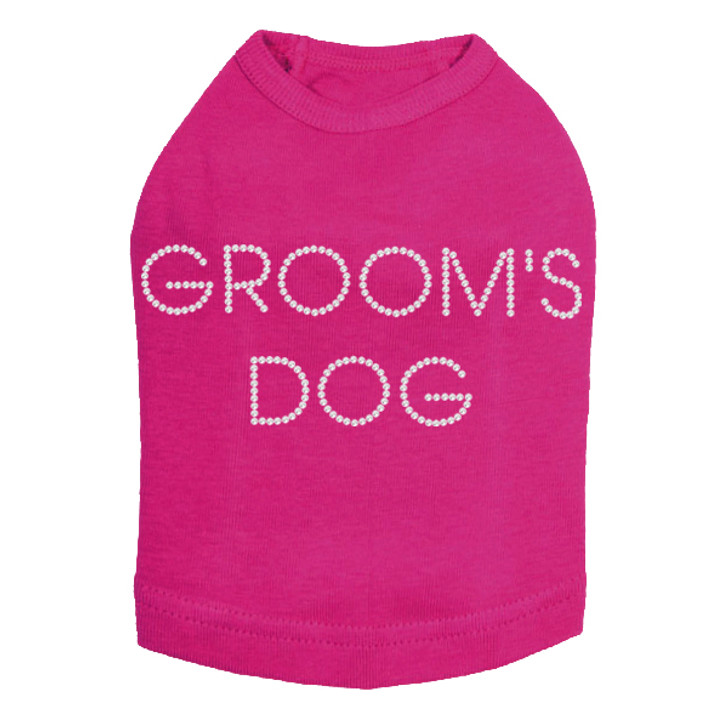 Groom's Dog  rhinestone dog tank for large and small dogs.
5" X 2" (small) & 8" X 3" (large) design with clear rhinestones.
Matching rhinestone t-shirts for pet owners.
Over 800 rhinestone designs to choose from.