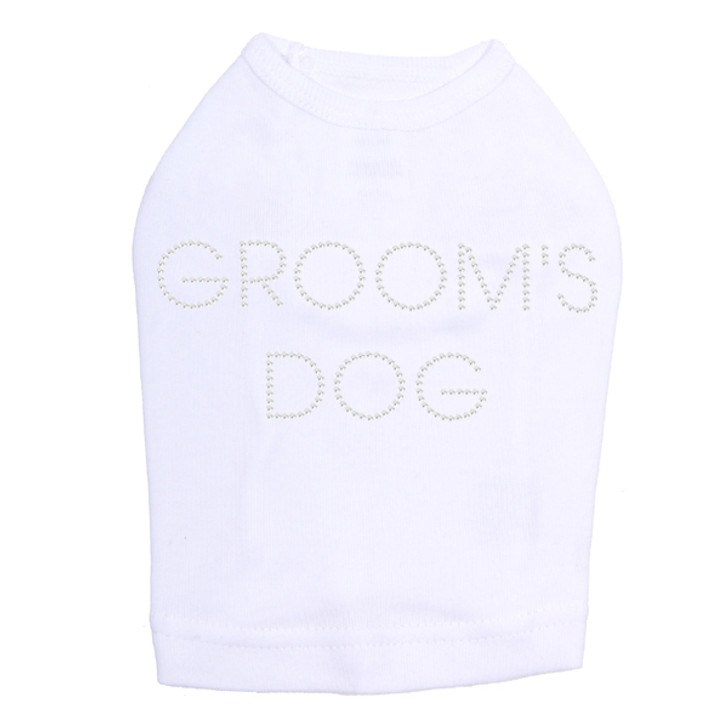 Groom's Dog  rhinestone dog tank for large and small dogs.
5" X 2" (small) & 8" X 3" (large) design with clear rhinestones.
Matching rhinestone t-shirts for pet owners.
Over 800 rhinestone designs to choose from.