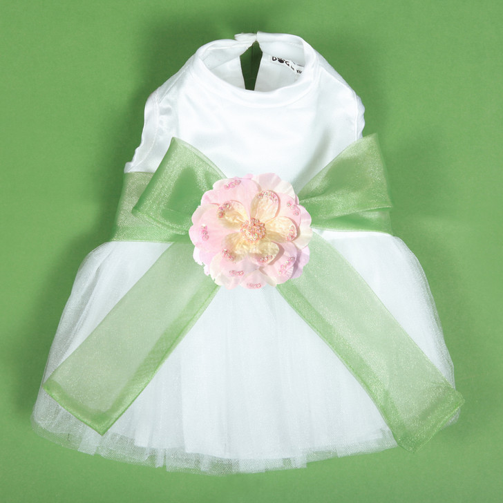 The Madeleine Dog Harness Dress with Leaf Green Sash