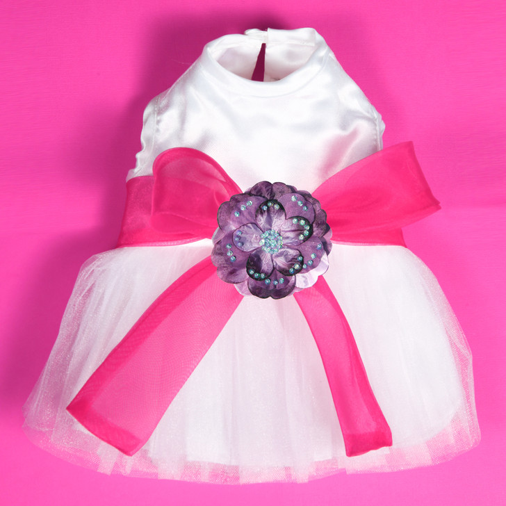 Special occasion dress for parties, weddings & other special events.  Bodice and skirt are made with layers of shimmer tulle to reflect the colors of the organza sash and beaded silk flower.