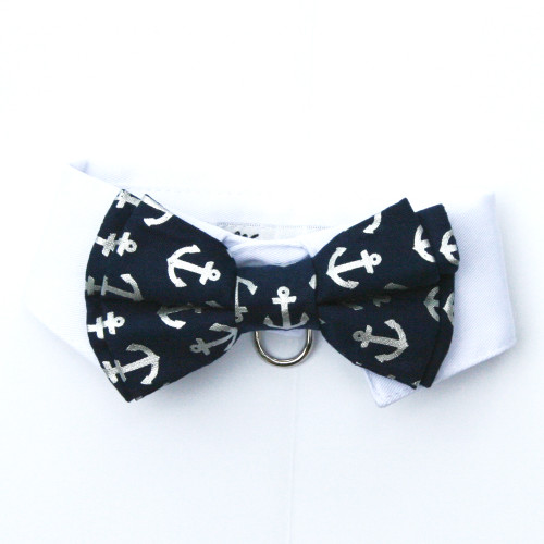White Dog Shirt Collar with Navy Anchor Bow Tie