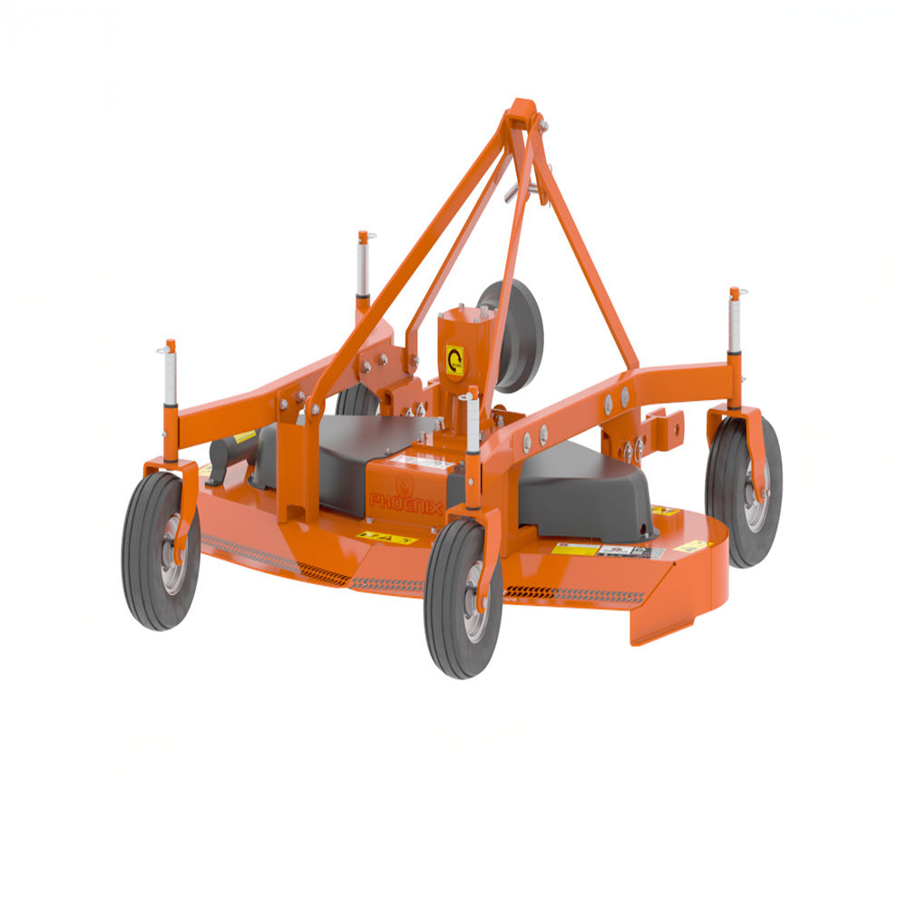 60" Phoenix-Sicma 3-Point Tractor Grooming Mower Model M60-S
GM 60" Solid Tires

Phoenix Line "M" Series Rear Discharge Grooming Mowers turn your tractor into a mowing machine. Available in 4 cutting widths from 48" to 84". Choose solid or pneumatic tires depending on your specific requirements. These mowers feature a heavy duty welded one piece deck and three overlapping blades with specially designed baffles for a clean smooth cut and even dispersion of clippings. Available in popular red or orange colors, the powder coat paint finish keeps you machine looking new long after the competition has faded away.