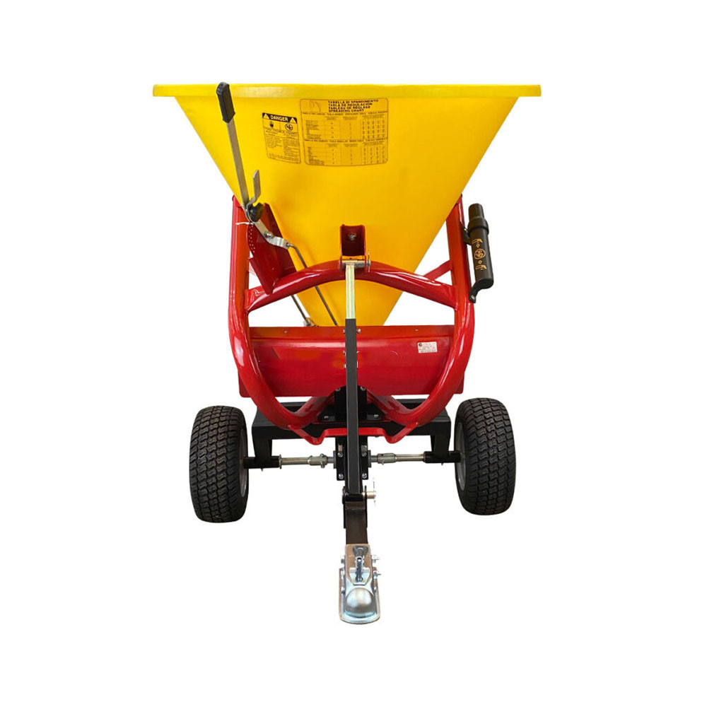 Farm-Maxx PTP-300 pull type spin spreader 705 lb capacity front view yellow hopper