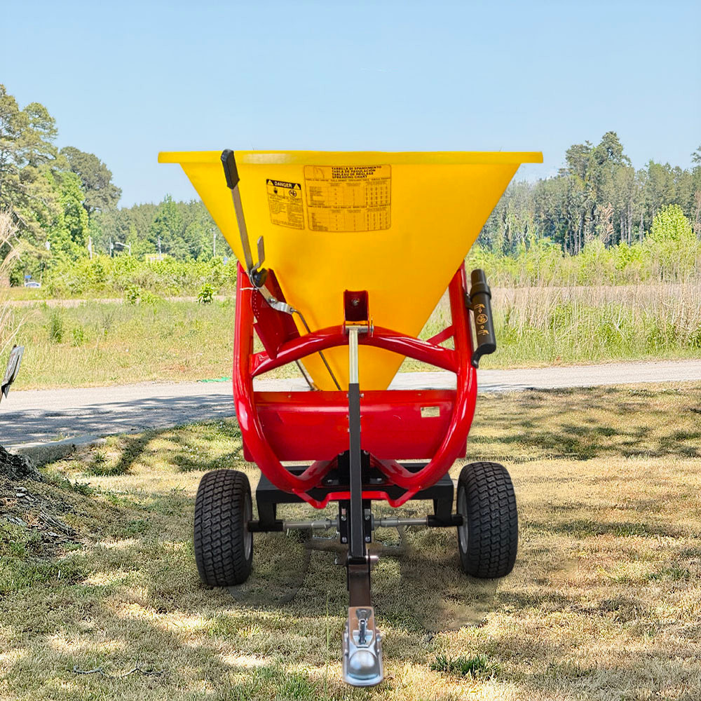 Farm-Maxx PTP-300 pull type fertilizer spreader 705 lb capacity yellow hopper front view