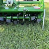 Six-flange rotor with L-shaped tiller tines on Sicma S673 rotary tiller for superior soil preparation