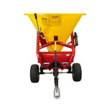 Farm-Maxx PTP-300 pull type spin spreader 705 lb capacity front view yellow hopper