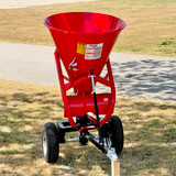 Farm-Maxx PTP-300 PTO pull type fertilizer spreader rear view red hopper agricultural spreader