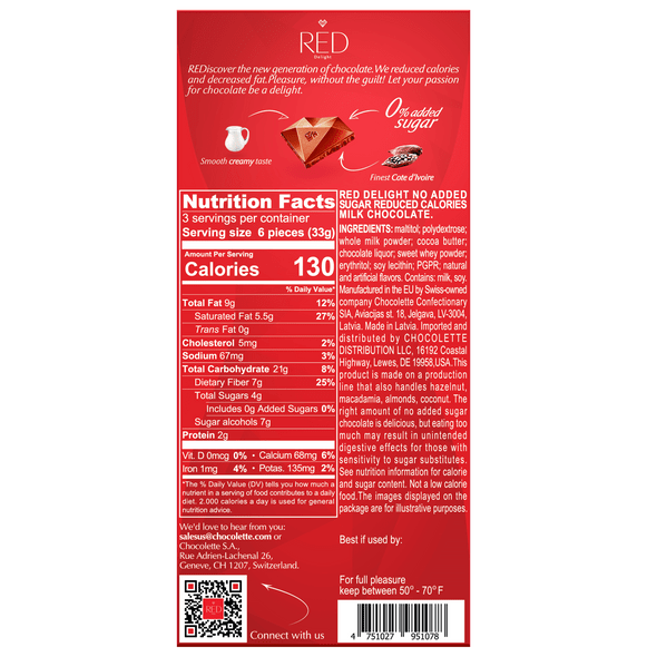 Red Chocolate 3.53 oz. No Sugar Added Milk Chocolate Candy Bar