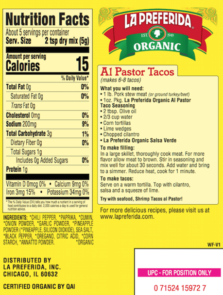 La Preferida® 1 oz. Organic Al Pastor Taco Seasoning