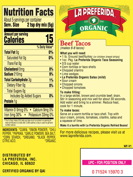 La Preferida® 1 oz. Organic Taco Seasoning