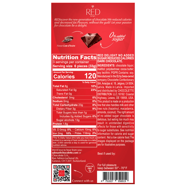 Red Chocolate 3.53 oz. No Sugar Added Dark Chocolate Candy Bar