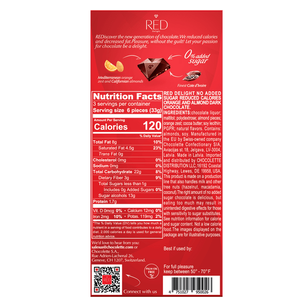 Red Chocolate 3.53 oz. No Sugar Added Orange & Almond Dark Chocolate Candy Bar
