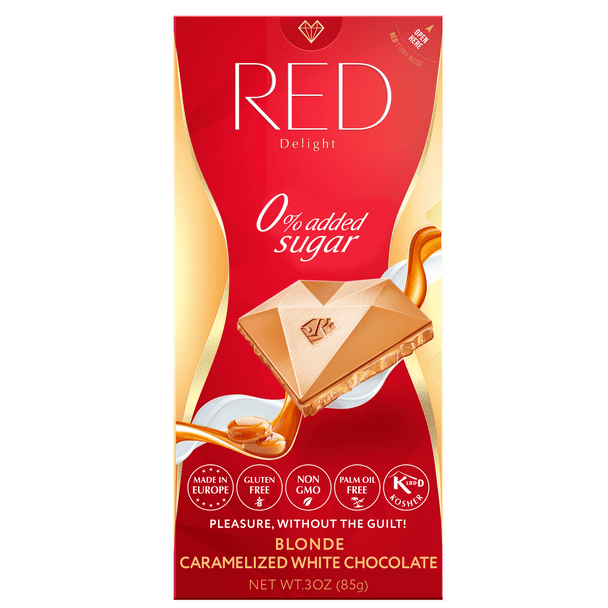 Red Chocolate 3.53 oz. No Sugar Added Blonde Caramelized White Chocolate Candy Bar