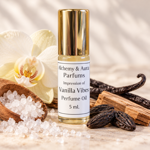Vanilla Vibes impression perfume oil in a 5 mL rollerball.