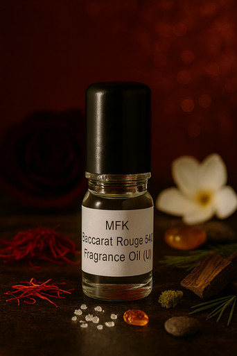 Small glass roller bottle labeled “MFK Baccarat Rouge 540 Fragrance Oil” set on a dark, luxurious background. Around it are saffron threads, amber resin, salt crystals, smooth wood pieces, and a soft white flower. The warm lighting and rich tones create an elegant, sensual mood, suggesting a sweet, airy, amber-woody scent with a soft floral touch.