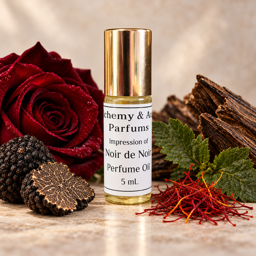 Noir de noir impression perfume oil in a 5 mL rollerball.