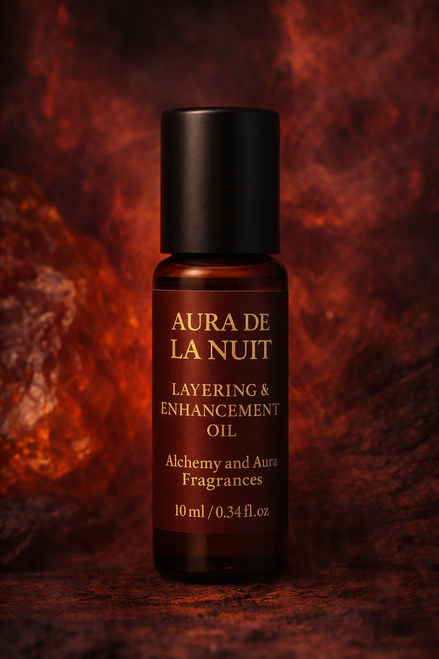Amber glass roll-on bottle labeled “Aura de la Nuit – Layering & Enhancement Oil” by Alchemy and Aura Fragrances, photographed in a dark, smoky setting with warm red and amber tones that create a moody, seductive atmosphere.