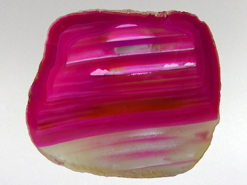 This pink agate slice has been photographed with light behind it to help emphasize its attributes.