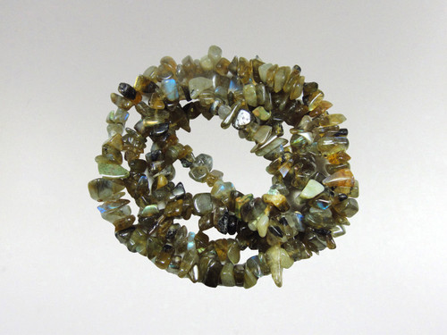 Labradorite chip bead necklace strung on nylon thread.