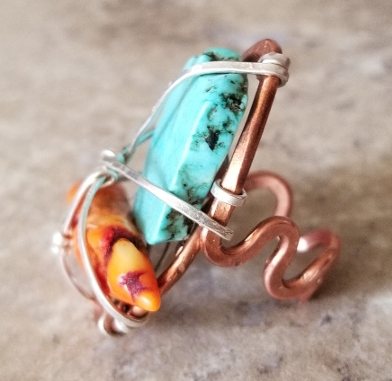 Abstract Turquoise & Coral Ring